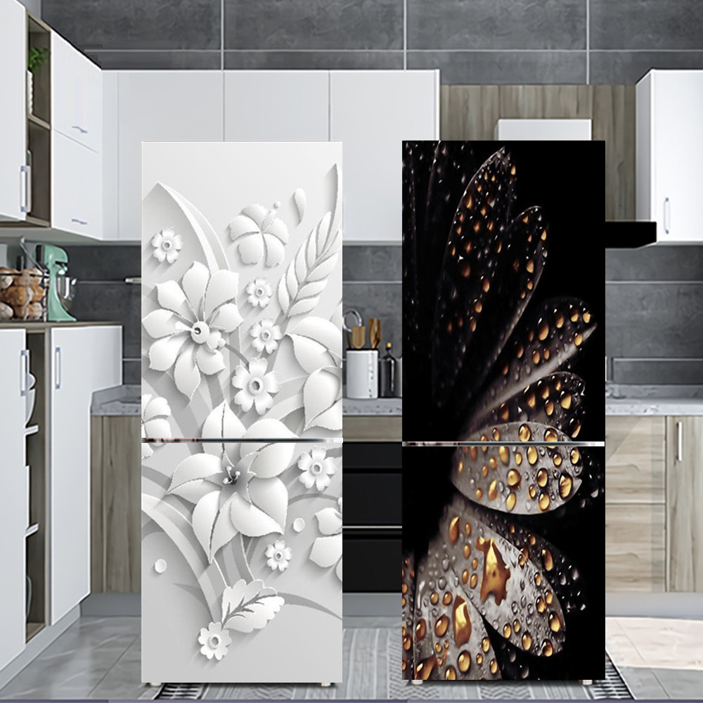 Kitchen Appliances Refrigerators - 白い花の冷蔵庫の装飾ステッカー,粘着性,防水キッチン装飾壁紙,冷蔵庫のドアカバー,壁画