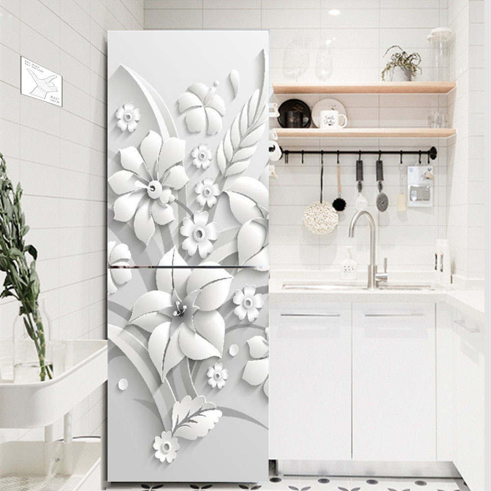 白い花の冷蔵庫の装飾ステッカー,粘着性,防水キッチン装飾壁紙 - Kitchen Appliances Refrigerators のレビューと価格